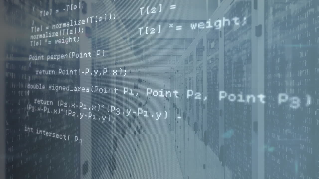 Animating computer code over server room background in data center