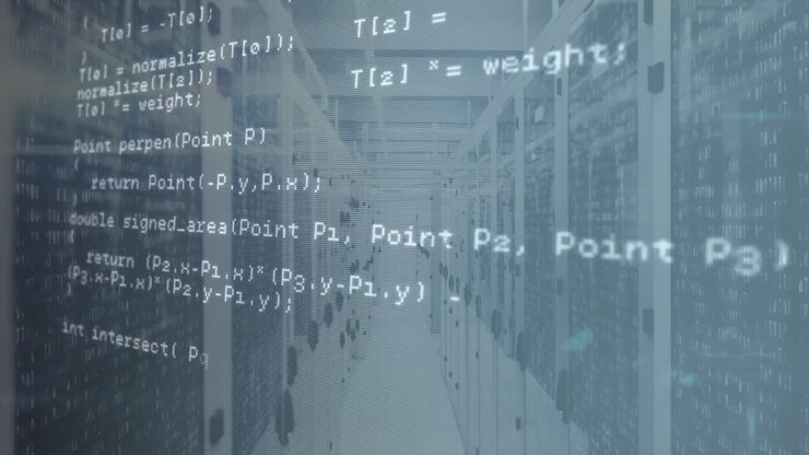 Animating computer code over server room background in data center