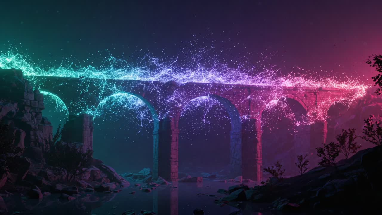 A Stunning Visualization of a Colorful Aqueduct Surrounded by Ethereal Sparks, Creating a Dreamlike Atmosphere in a Mystical Setting with Vibrant Lighting Effects