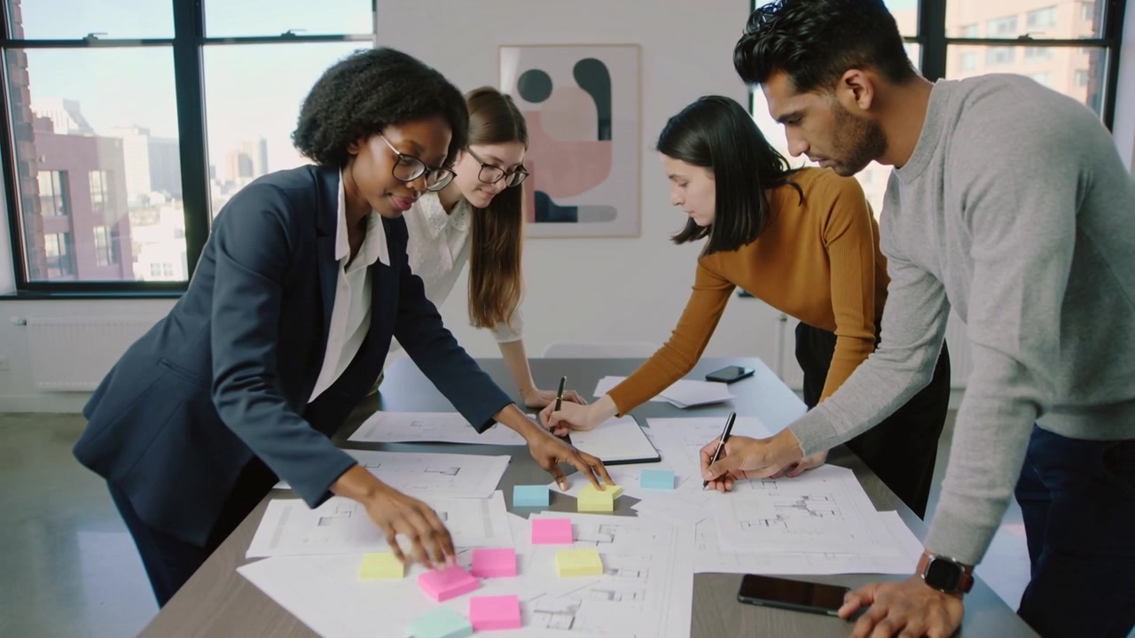 Team dinamico in abbigliamento da ufficio al tavolo, che posiziona post-it, annota piani al kickoff e pianifica