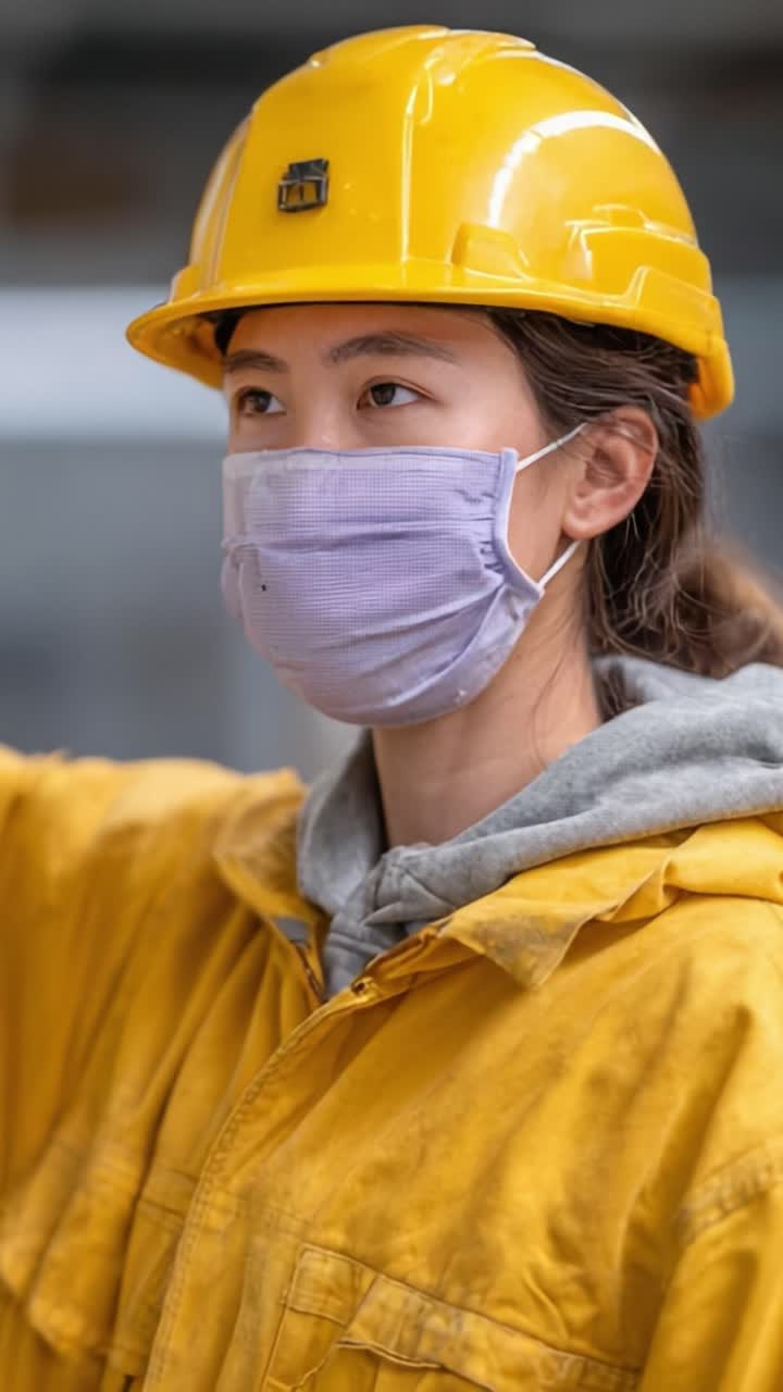 Un lavoratore determinato con dispositivi di protezione individuale illustra le misure di sicurezza, sottolineando l'importanza dei dispositivi di protezione individuale sul luogo di lavoro