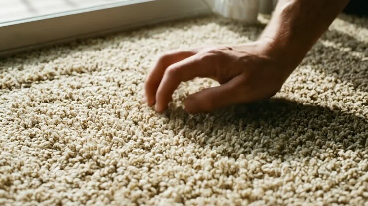 Close-up of Hand Touching and Feeling Soft Carpet Texture
