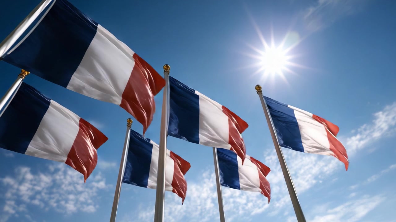 En række franske flag vajende under en klar sol på en klar blå himmel, der udviser national stolthed og ro i naturskønne udendørs omgivelser.