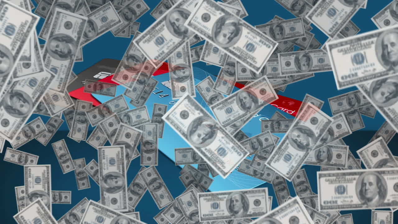 미국 달러 지폐가 신용카드와  ⁇ 은 선 처리 위로 떨어지는 애니메이션