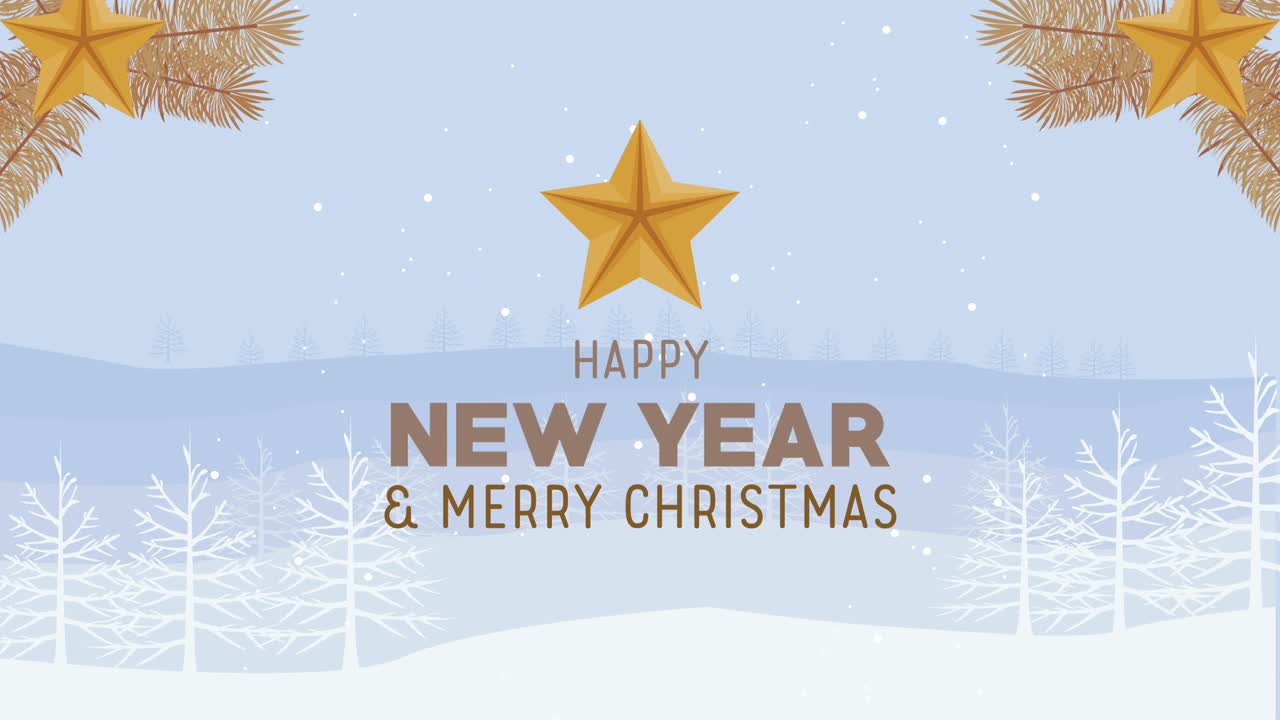 happy new year lettering animation with golden stars and leafs