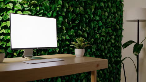 modern desk setup with monitor, keyboard, and plant against green wall