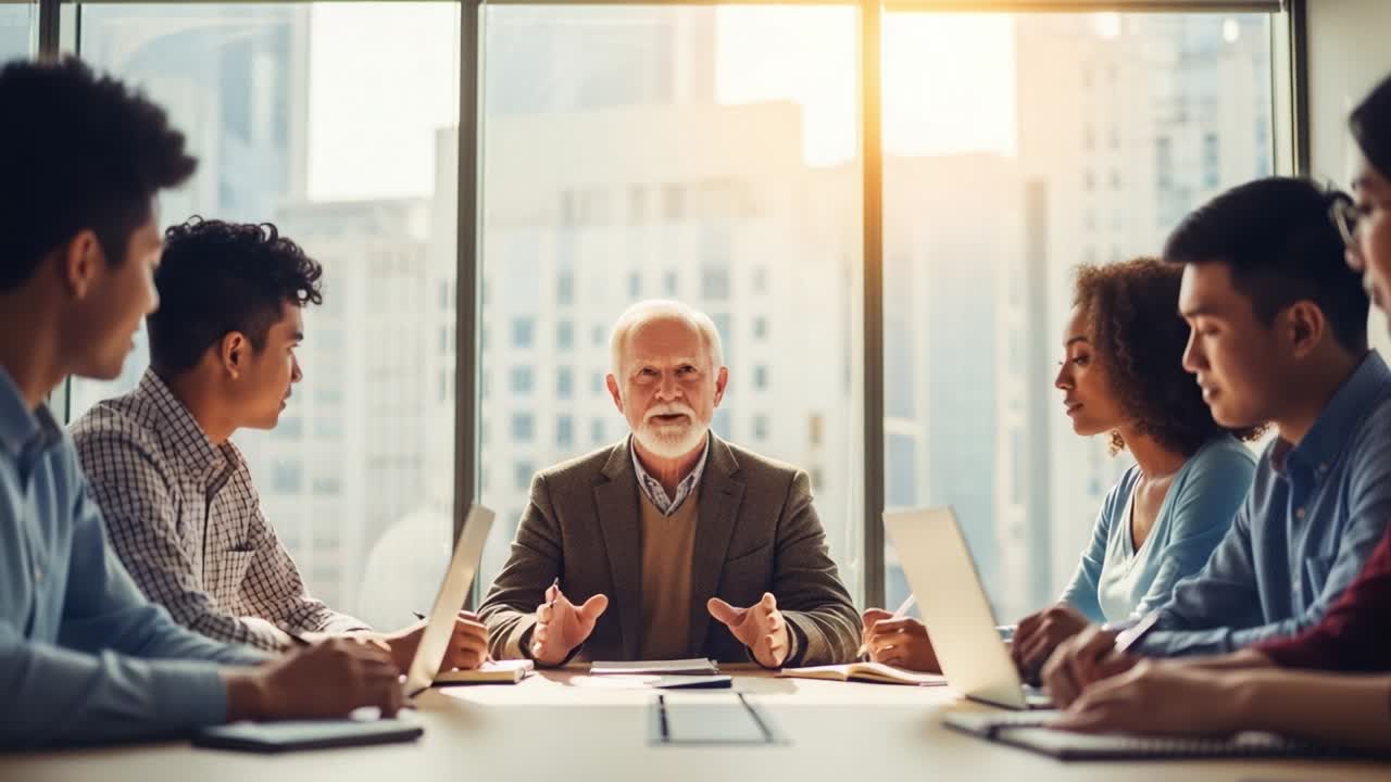 An Engaging Business Meeting: A Group of Diverse Professionals is Actively Participating in a Discussion with an Experienced Leader in a Modern Conference Room Surrounded by a Cityscape