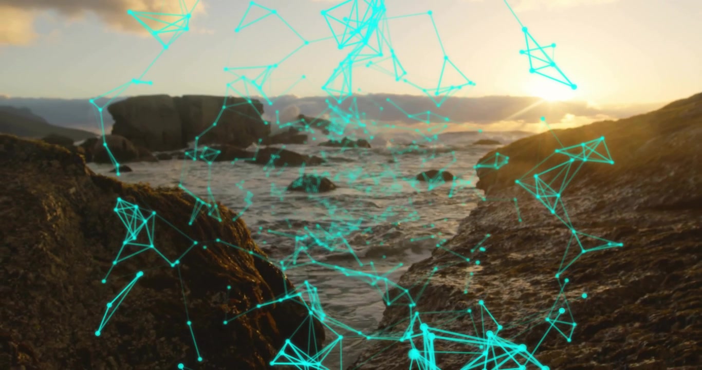 Glødende cyan-noder driver fra ramme kantene, kobles til et pulserende nett som kartlegger datatilkobling.