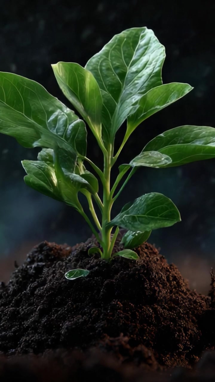 Pianta verde fresca che germoglia da terreno scuro con una goccia d'acqua