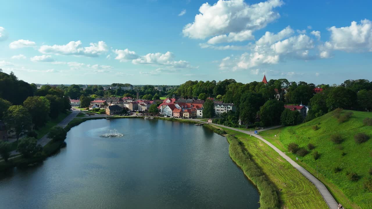 Talsi Hillfort In The Town Of Talsi, Latvia - Town of Nine Hills. Aerial Wide Shot
