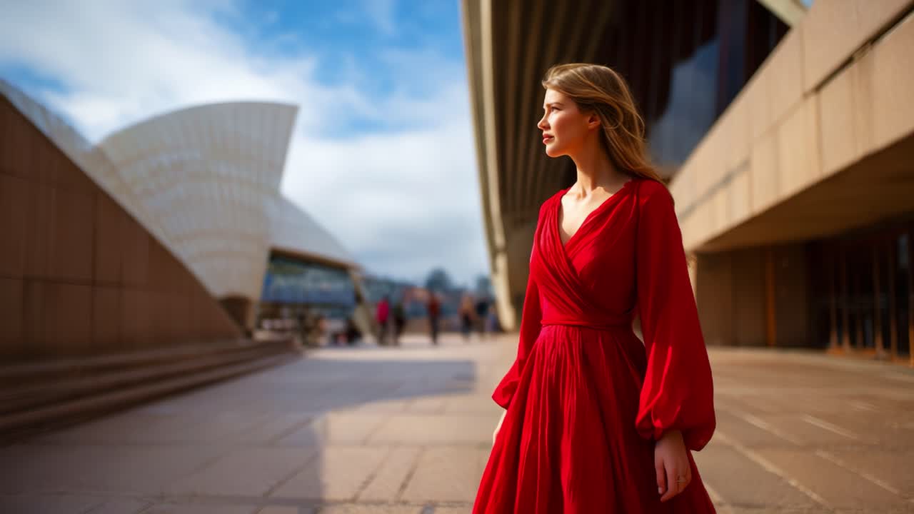 Una bella donna in un fluente abito rosso è ritratta con sicurezza su uno sfondo urbano artistico, mettendo in mostra eleganza e stile in una luce accattivante
