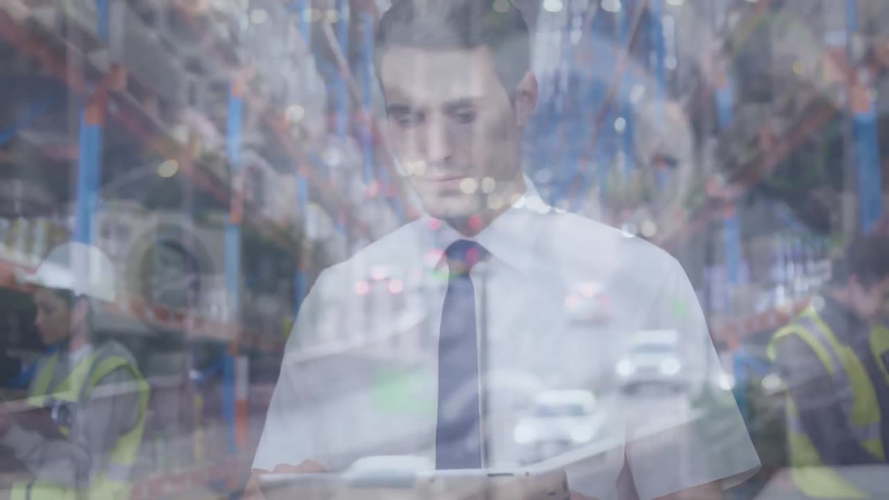 animación de iconos de computadora sobre gerente masculino caucásico usando tableta digital en el almacén