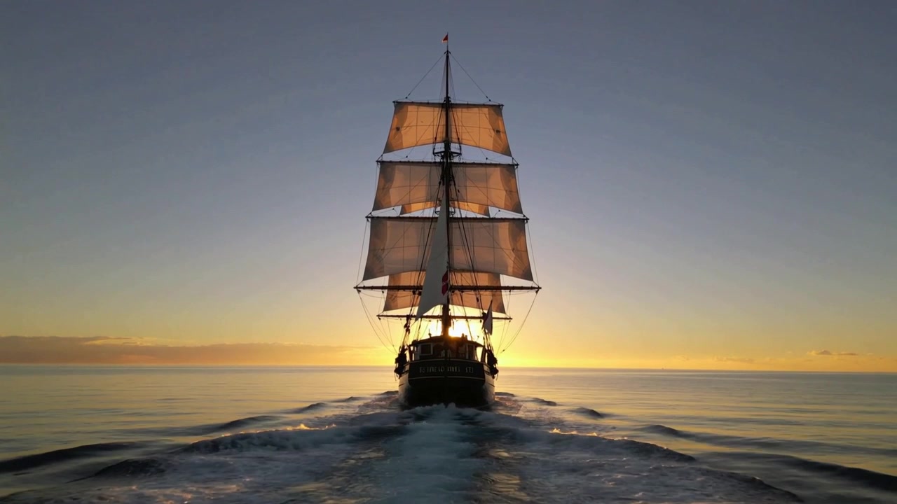Et sejlskib sejler væk ved solnedgang, vinden fylder sejlene, og besætningen i jakker observerer rigningen.