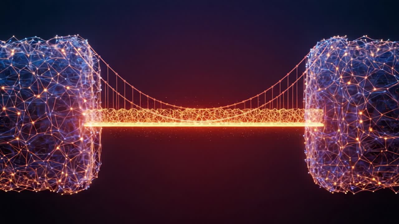 An Artistic Representation of a Digital Bridge Connecting Two Network Nodes, Symbolizing Data Flow and Connectivity in a Technological Landscape