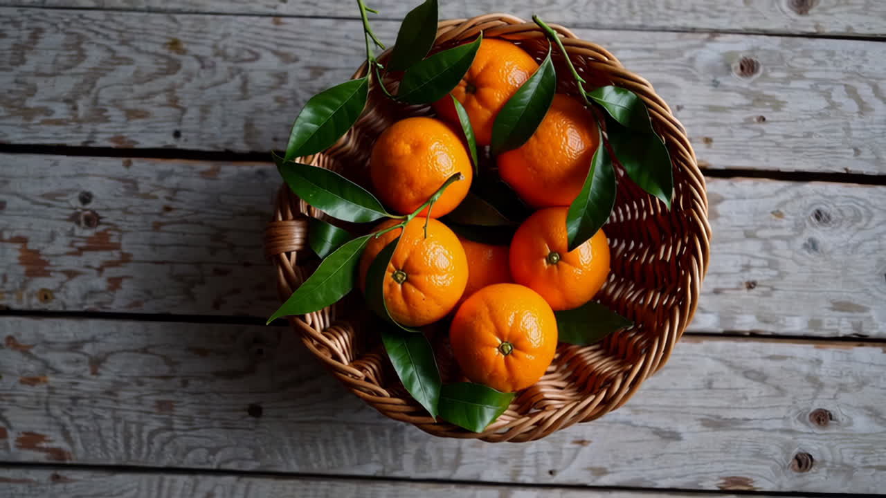 Fresh Oranges with Green Leaves in a Wicker Basket on a Wooden Surface