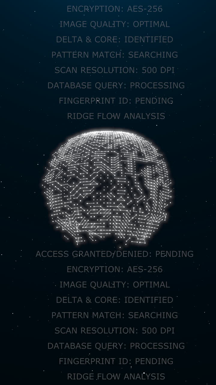 Interfaccia verticale di sicurezza digitale con flussi di dati animati ed elementi HUD futuristici. Adatto per la sicurezza informatica, la protezione dei dati e l'uso aziendale.