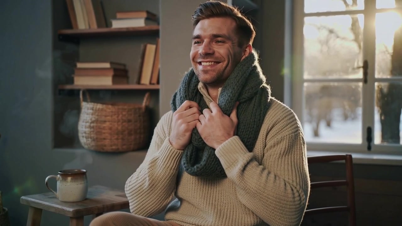 Mand i cremefarvet ribstrikket sweater justerer tykt grønt tørklæde ved sneklædt vindue for at holde varmen.