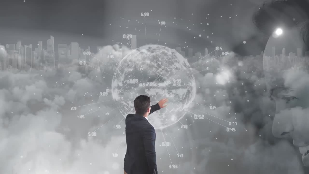 지구와 데이터 처리와 함께 인터랙티브 스크린을 만지는 사업가 여성의 애니메이션