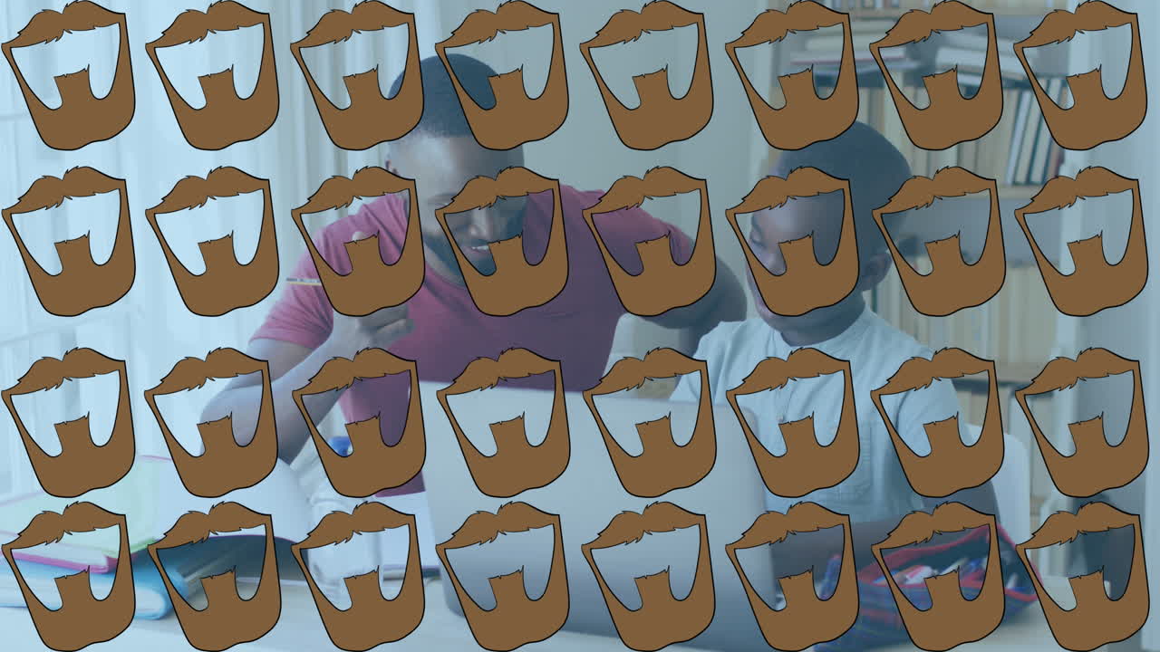 animación de múltiples iconos de barba sobre padre afroamericano ayudando a su hijo en la tarea en casa.