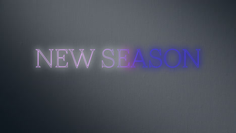 animation of new season text in white and blue neon on grey background