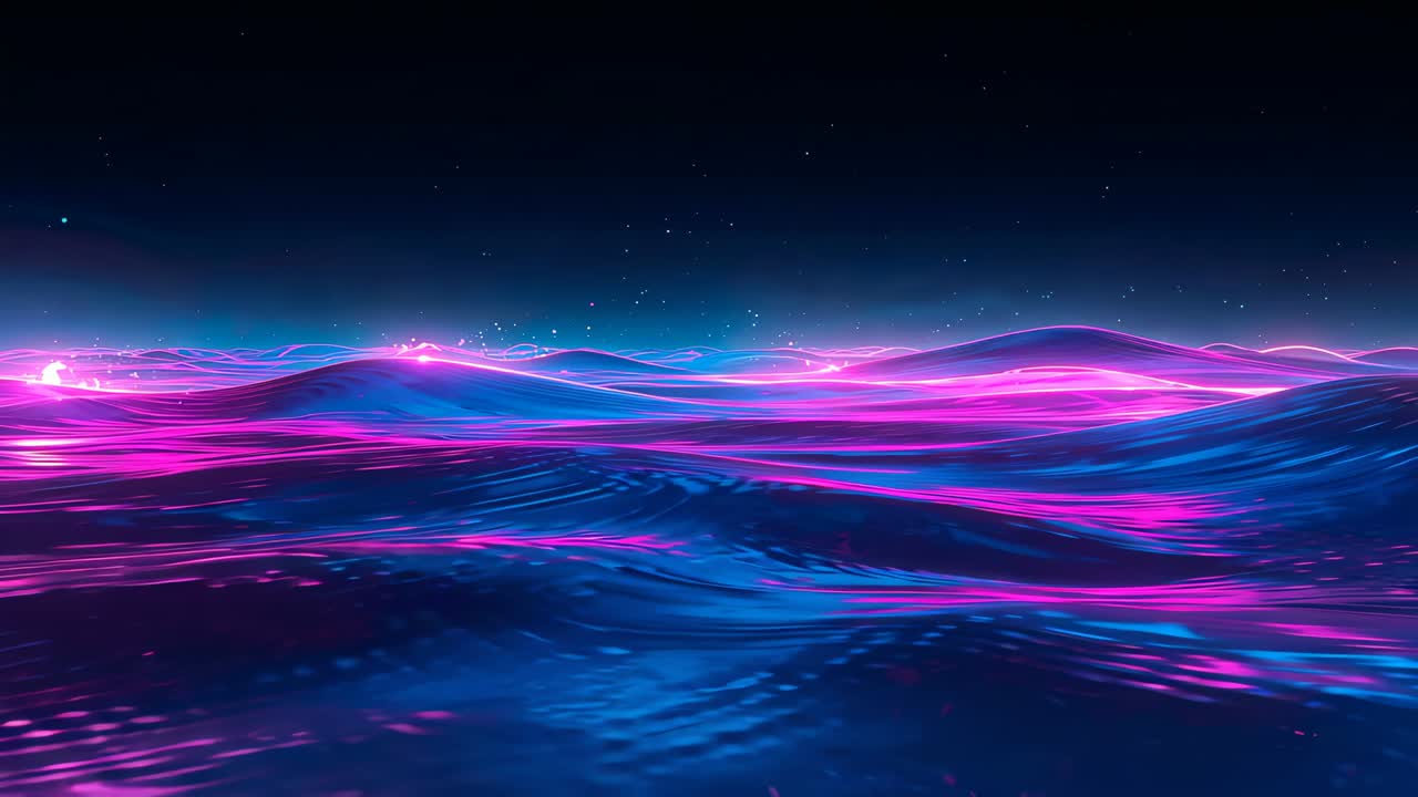 Shifting neon dunes with frames advancing under starry sky showing magenta cyan ripples