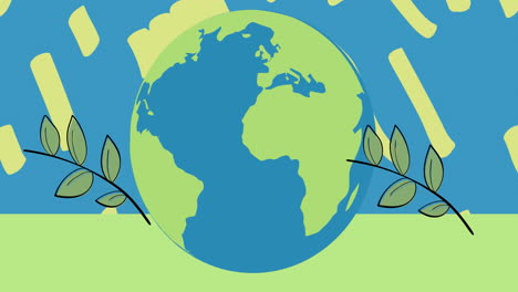 animación de hojas y globo y patrón verde sobre fondo azul