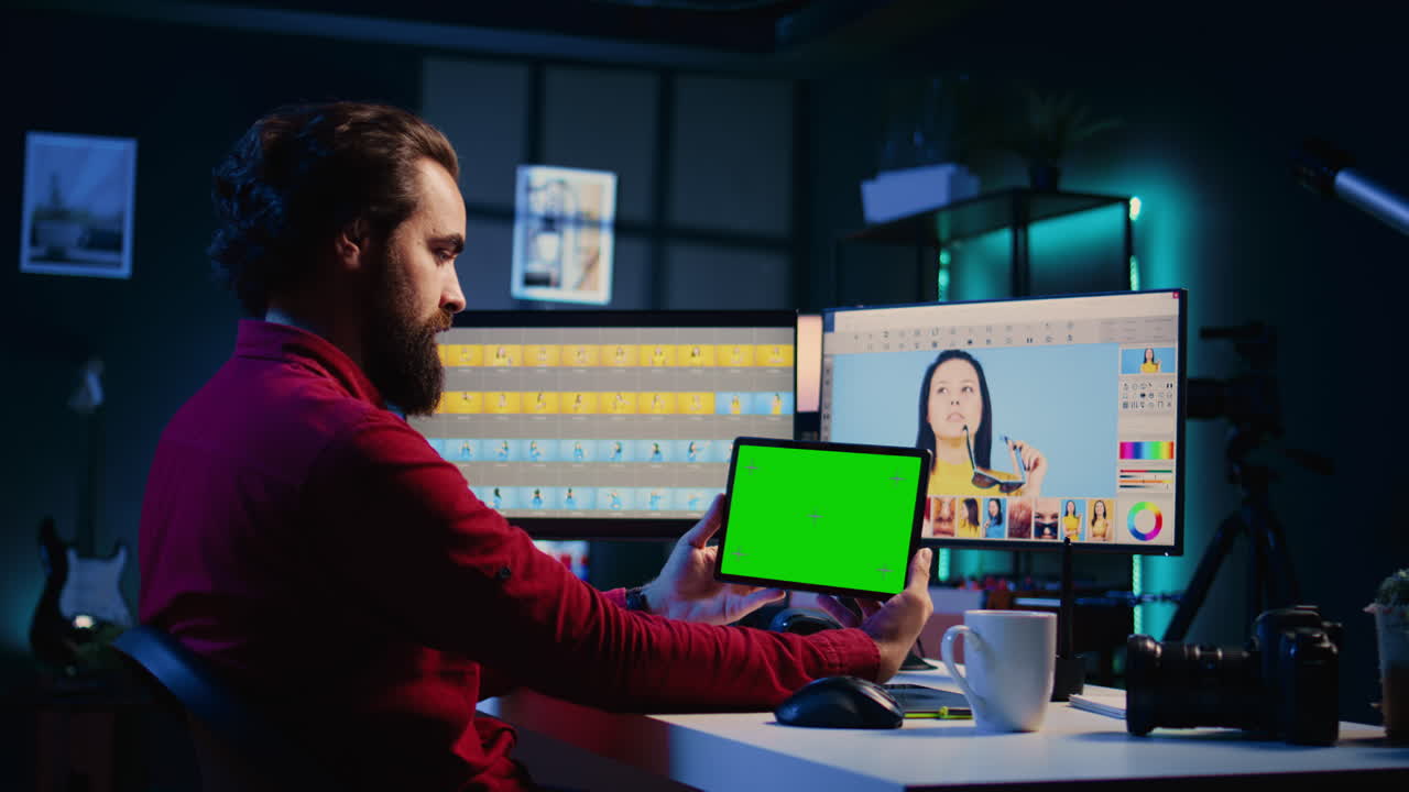 editor de fotos siguiendo el tutorial en la tableta de pantalla verde, aprendiendo cómo construir un portafolio digital