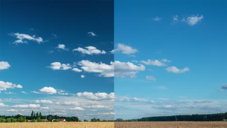 visual effect of the polarizing filter on the example of a summer rural landscape with beautiful clouds.