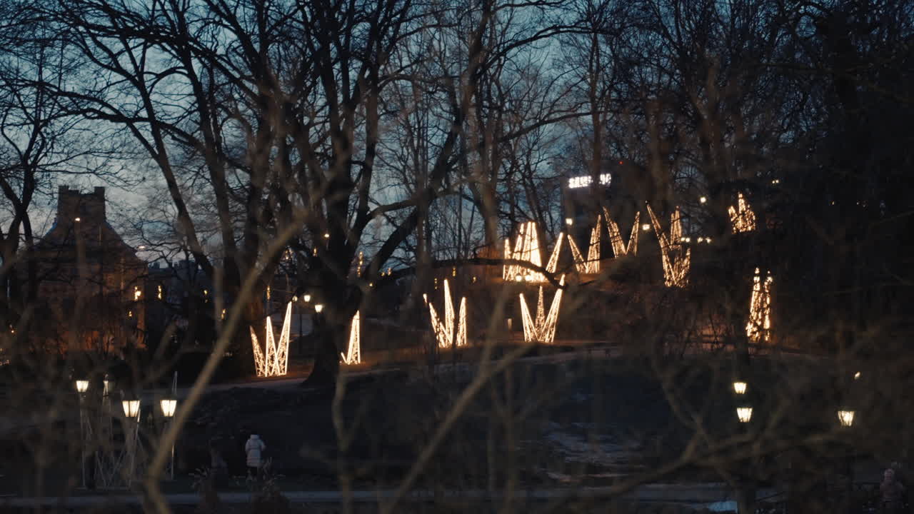 Scenic view of Christmas lights decorating Riga's city streets, night winter atmosphere