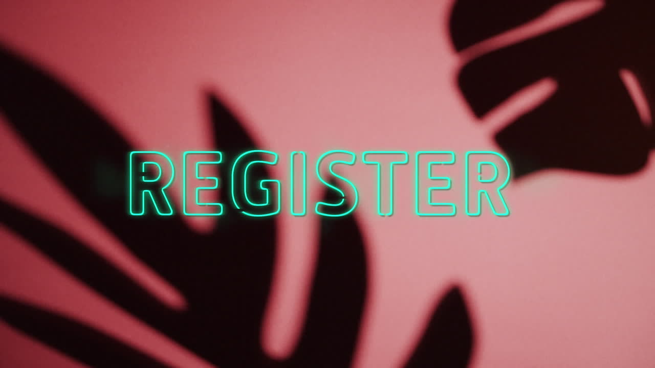 Animation of register text over close up of leaf pattern on pink background