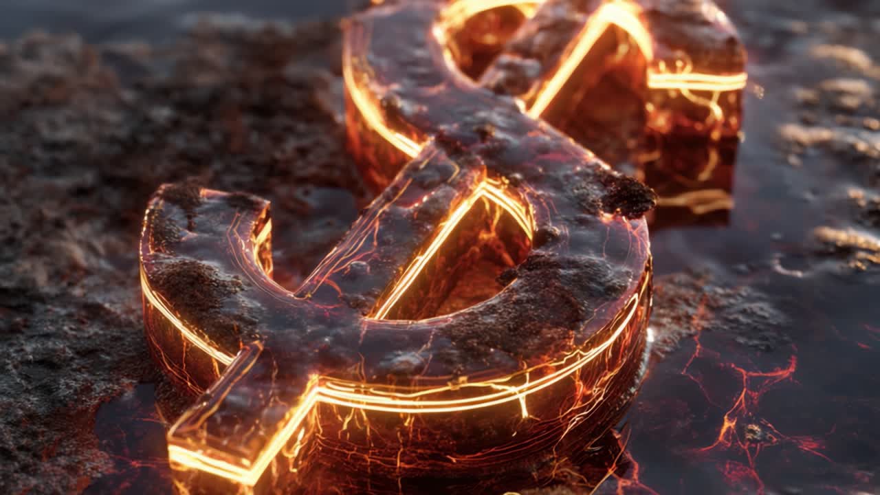 Una impactante representación de un símbolo de dólar brillante, mostrando las intrincadas texturas y reflejos de luces en una superficie rocosa, enfatizando temas de finanzas y valor.