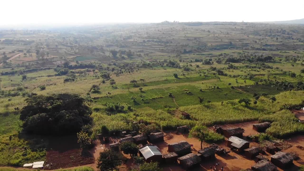 Children Running in Rural Settlement in Malawi, Africa, Aerial View