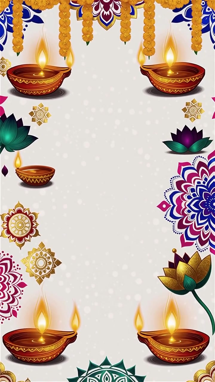 Sfondo Diwali con Diyas luminosi, Rangoli e fiori di loto
