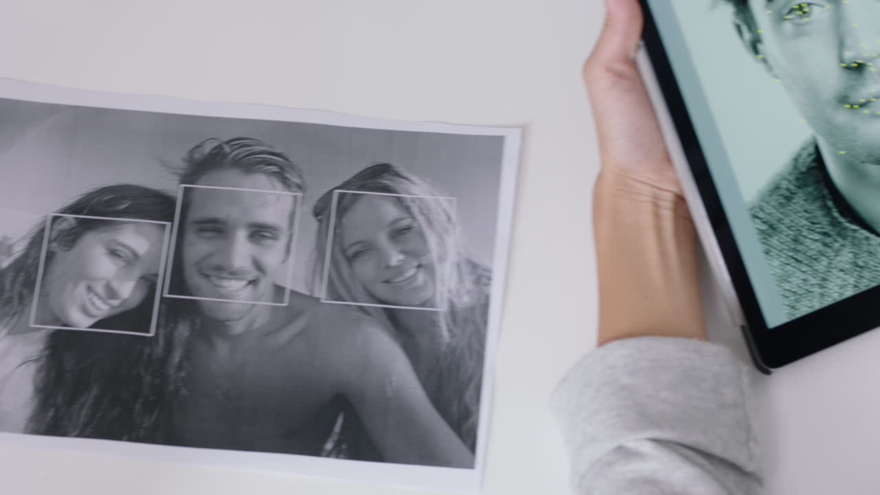 디지털 태블릿 컴퓨터를 사용하여 얼굴 인식 소프트웨어 기술을 개발하는 엔지니어 팀이 사무실 회의에서 프로젝트 아이디어를 공유하는 디자인 솔루션 브레인스토밍