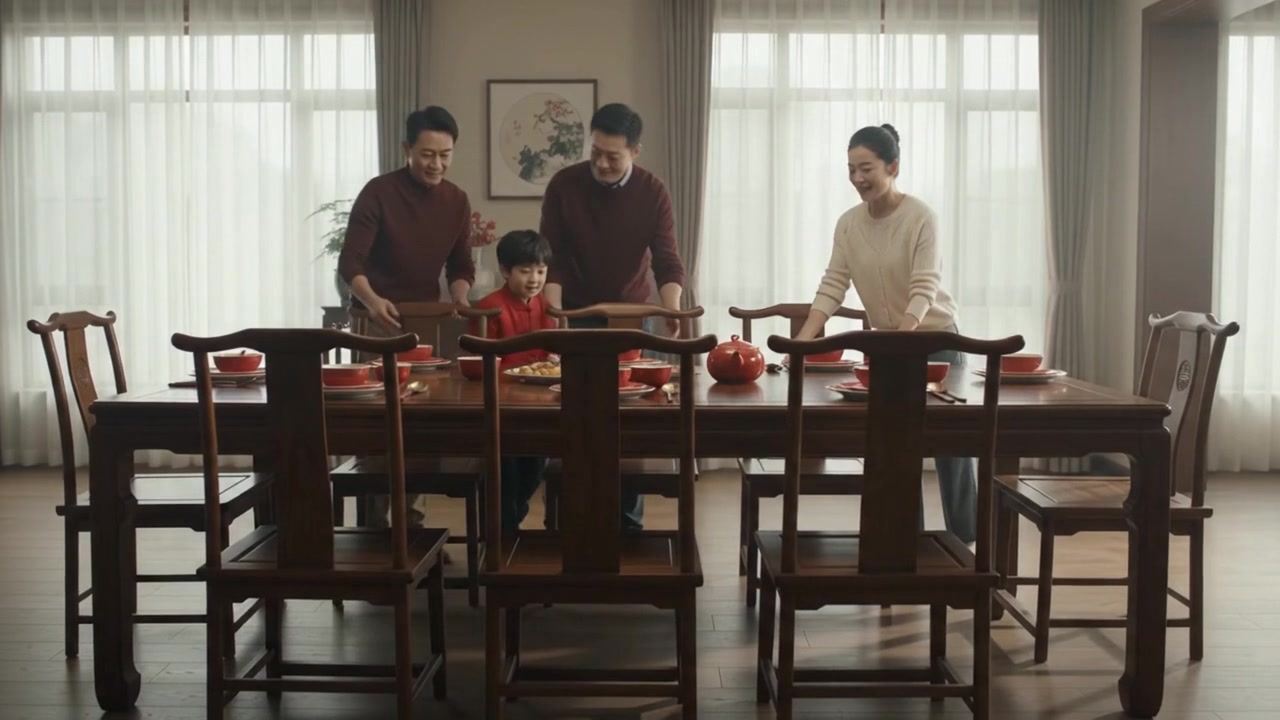 Asian Family Preparing Dining Table for Traditional Celebration