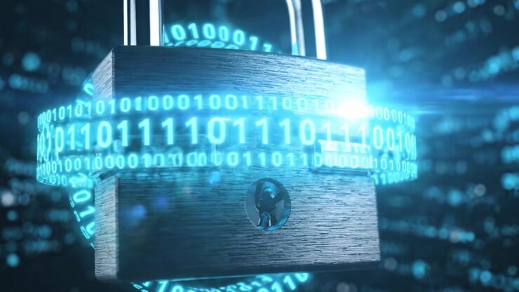 Digital Security: An Animation Showcasing a Lock Surrounded by Flowing Binary Code, Symbolizing Data Protection and Cybersecurity Measures in the Digital Era