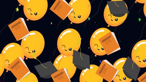 Animation-of-graduation-caps-and-books-over-balloons-and-stars-on-black-background