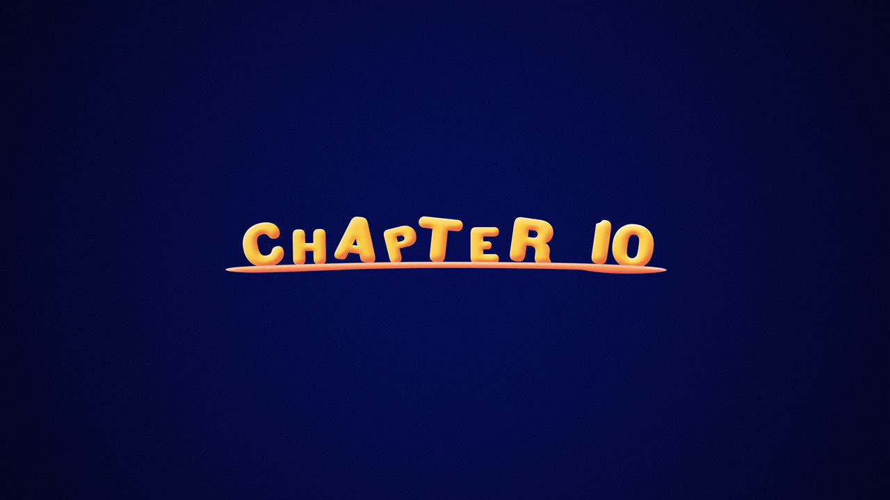 Chapter 10 Wobbly gold yellow text Animation pop up effect on a dark blue background with texture