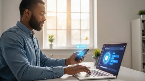 a focused individual engages with modern technology while using a smartphone and laptop, illustrating the integration of digital communication in everyday life