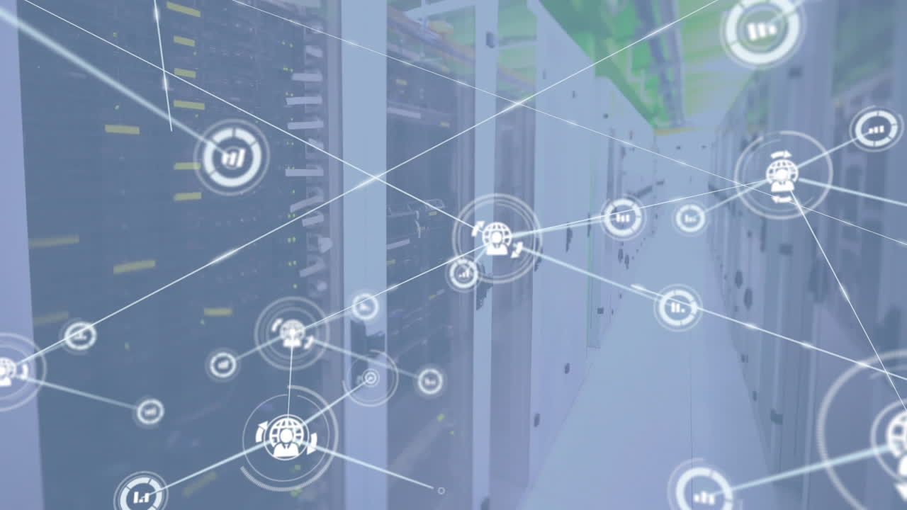 Animation of network of connections with icons over computer servers