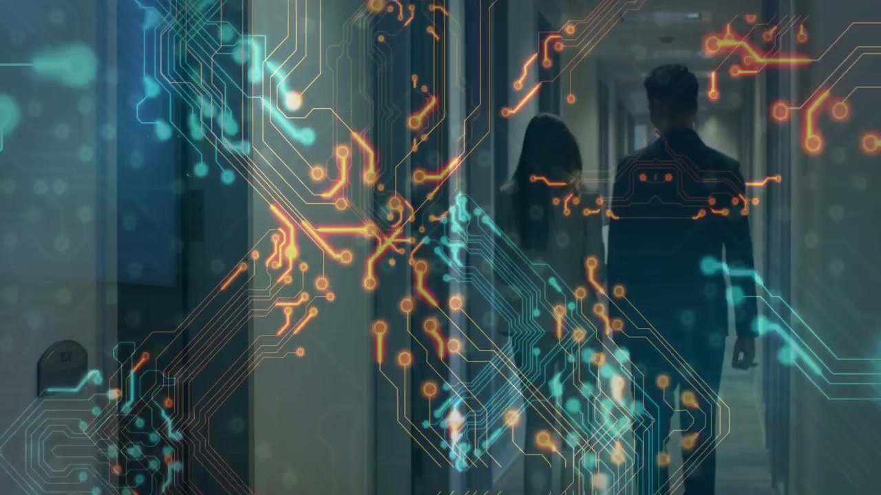 Two colleagues walking corridor tracking, technology overlay linking figures, heading to meeting