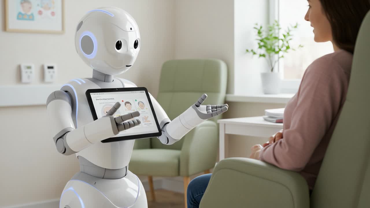Engaging Interaction Between a Companion Robot and a User in a Modern Setting, Highlighting Advanced AI Communication and Emotional Engagement
