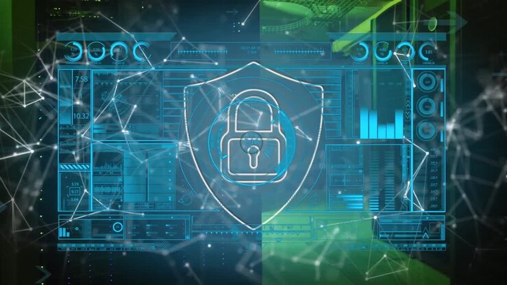 Animation of lock in shield, infographic interface with connecting dots over data center