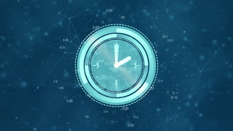 animación de un reloj en movimiento sobre una red de conexiones con procesamiento de datos en fondo azul.