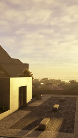 modern architectural structure with stunning sunset view over river