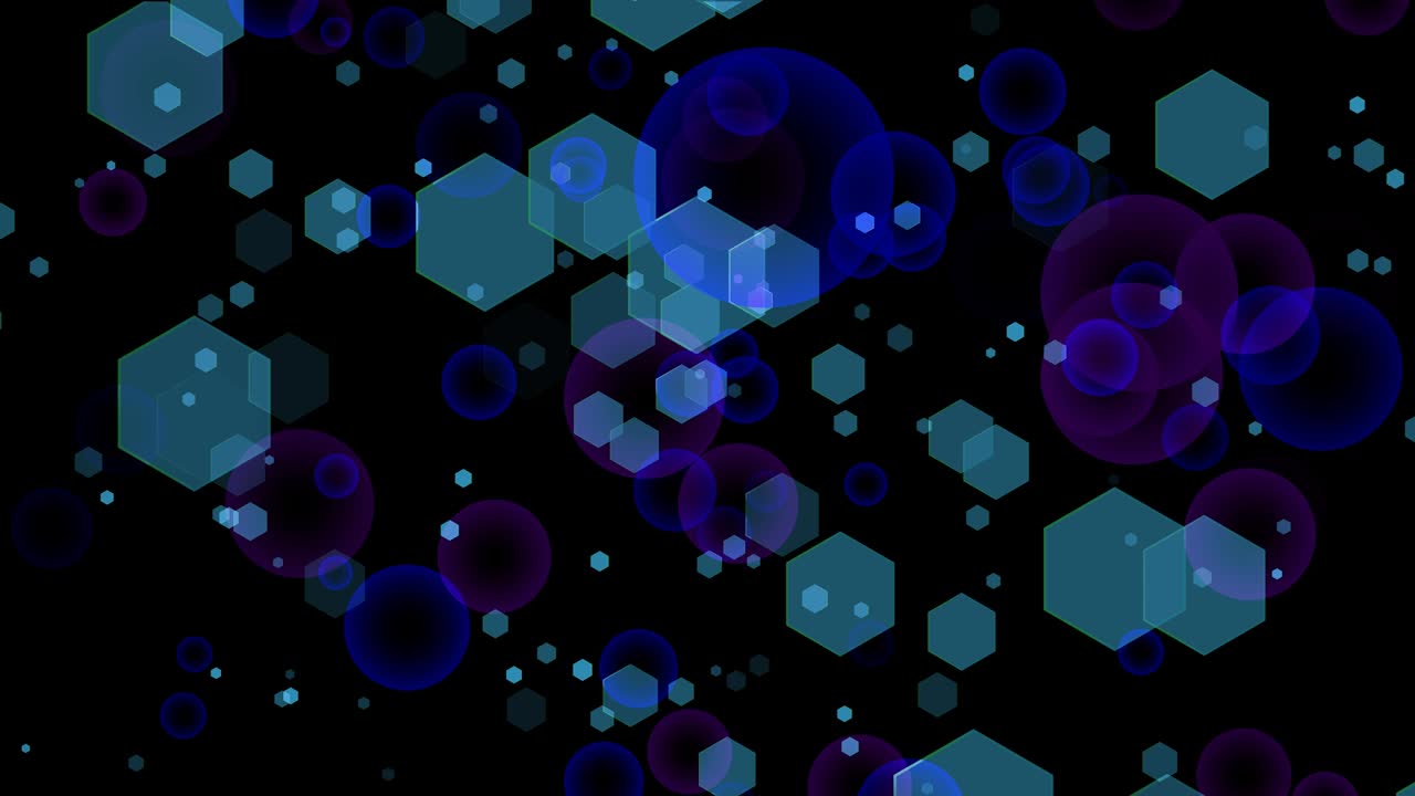 burbujas borrosas de color azul púrpura hexágono de varios tamaños movimiento volador en fondo de pantalla negra