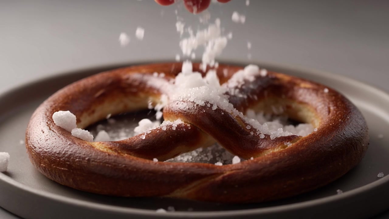 Sal gruesa espolvoreada sobre un pretzel recién horneado