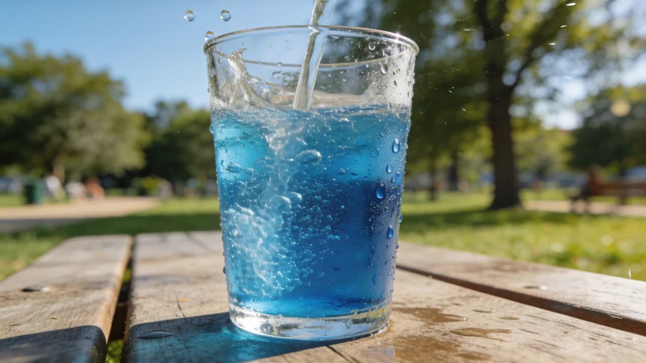 Pouring stream from above-right filling glass on park table to drink, making blue bubbles, phone