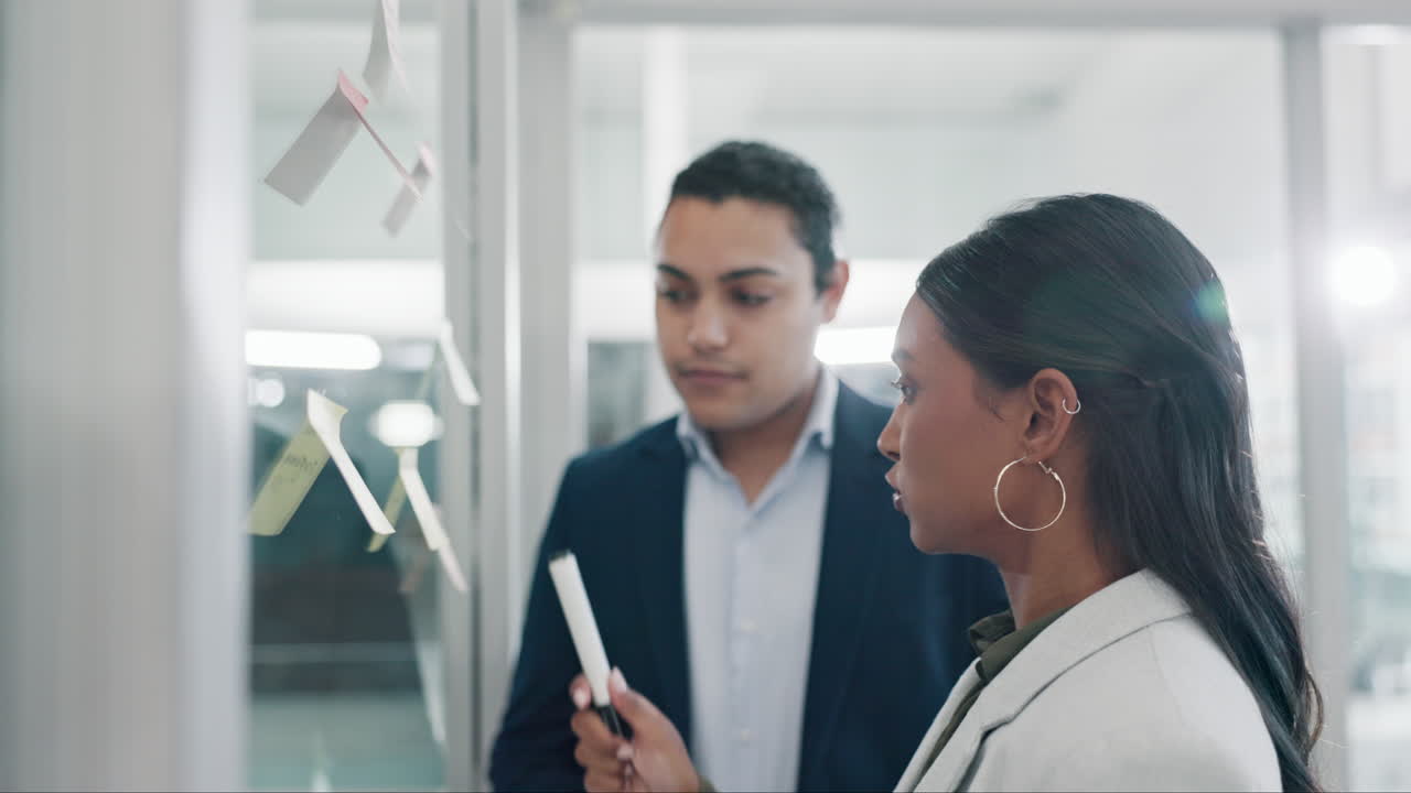 Teamwork, glass wall and business people planning