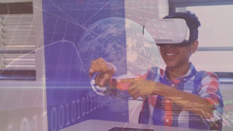 Animation-of-data-processing-over-african-american-schoolboy-with-vr-headset